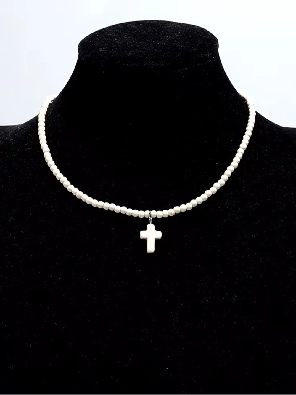 Classic White Bead Necklace with Cross Pendant - Women Jewelry